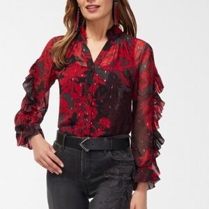 Vibrant Red Floral Blouse with Ruffles